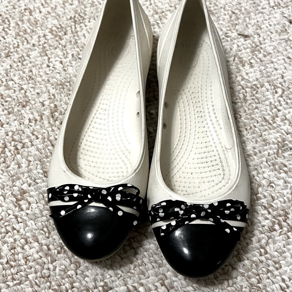 CROCS Black and White Flats with Bow Detail